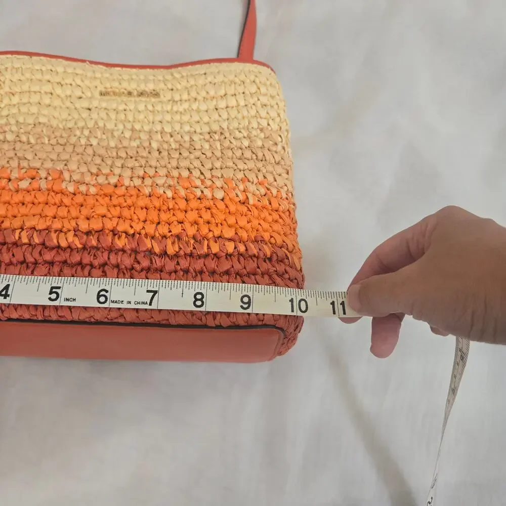 Michael Kors Pratt Medium Ombre Straw Shoulder Bag Red Clay Orange Summer Boho - Picture 13 of 15